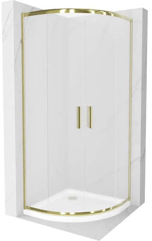 Mexen Rio, štvrťkruhový sprchovací kút s posuvnými dverami 90(dvere) x 90(dvere) x 190 cm, 6mm sklo námraza, zlatý profil + biela sprchová vanička SLIM, 863-090-090-50-30-4110G