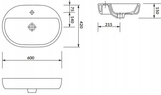 Cersanit Caspia Oval Box, umývadlo na dosku 60 x 42 cm, biela, K11-0099