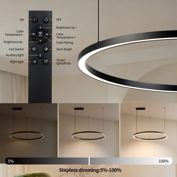 BRILAGI - PORTOFINO stmievateľné LED závesné svietidlo na lanku, LED/60W/230V, priemer 80 cm, čierne, s diaľkovým ovládaním