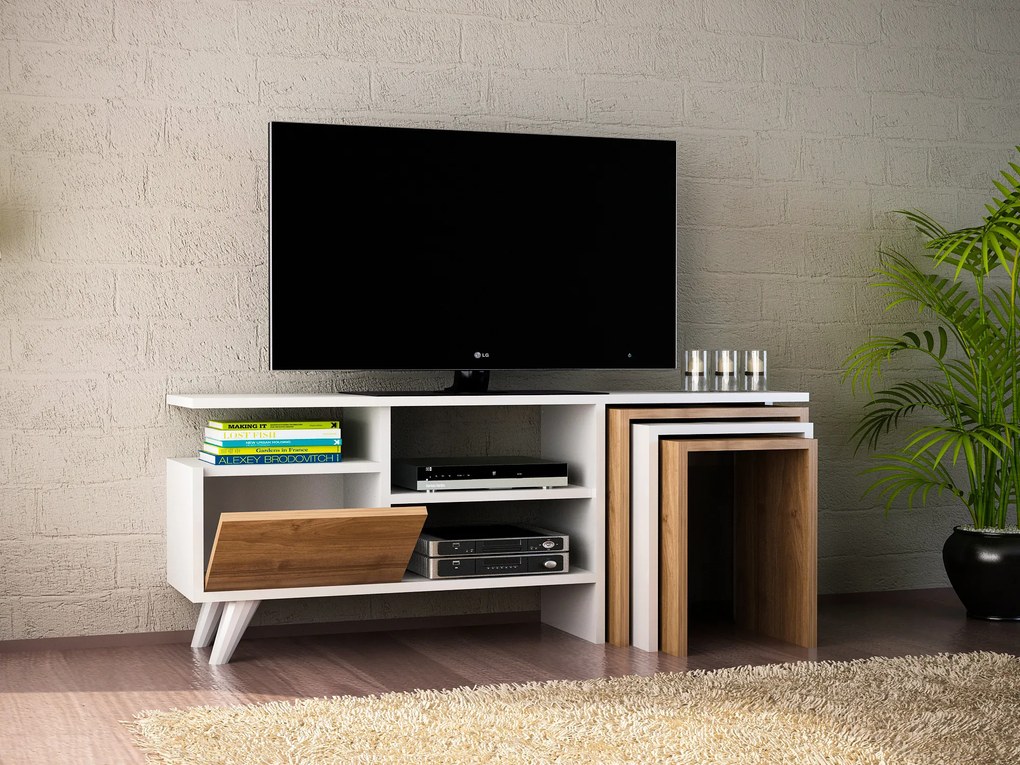 TV stolík/skrinka Nino (Biela + Orech). Akcia -23%. Vlastná spoľahlivá doprava až k Vám domov. 1071742