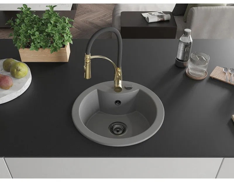 Mexen Diego, 1-komorový granitový drez 488x488x167 mm a drezová batéria Aster, šedá, 6512-71-73450-57-B