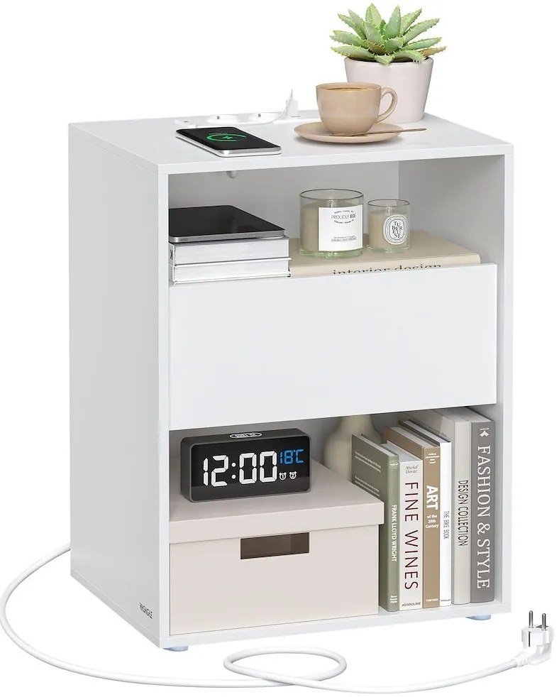 Noční stolek Vasagle Adar s nabíjecí stanicí bílý