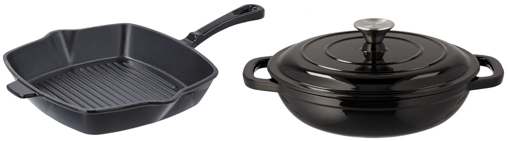 Silvercrest®  Liatinová grilovacia panvica, 24 cm, čierna + Liatinová servírovacia panvica, 2,4 l, čierna  (800011480)