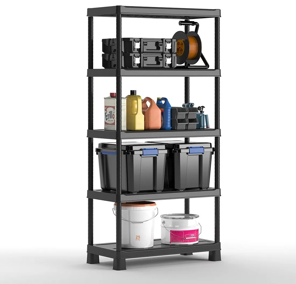 Plastový regál Tribac, 5 políc, 180x90x45 cm, čierna farba