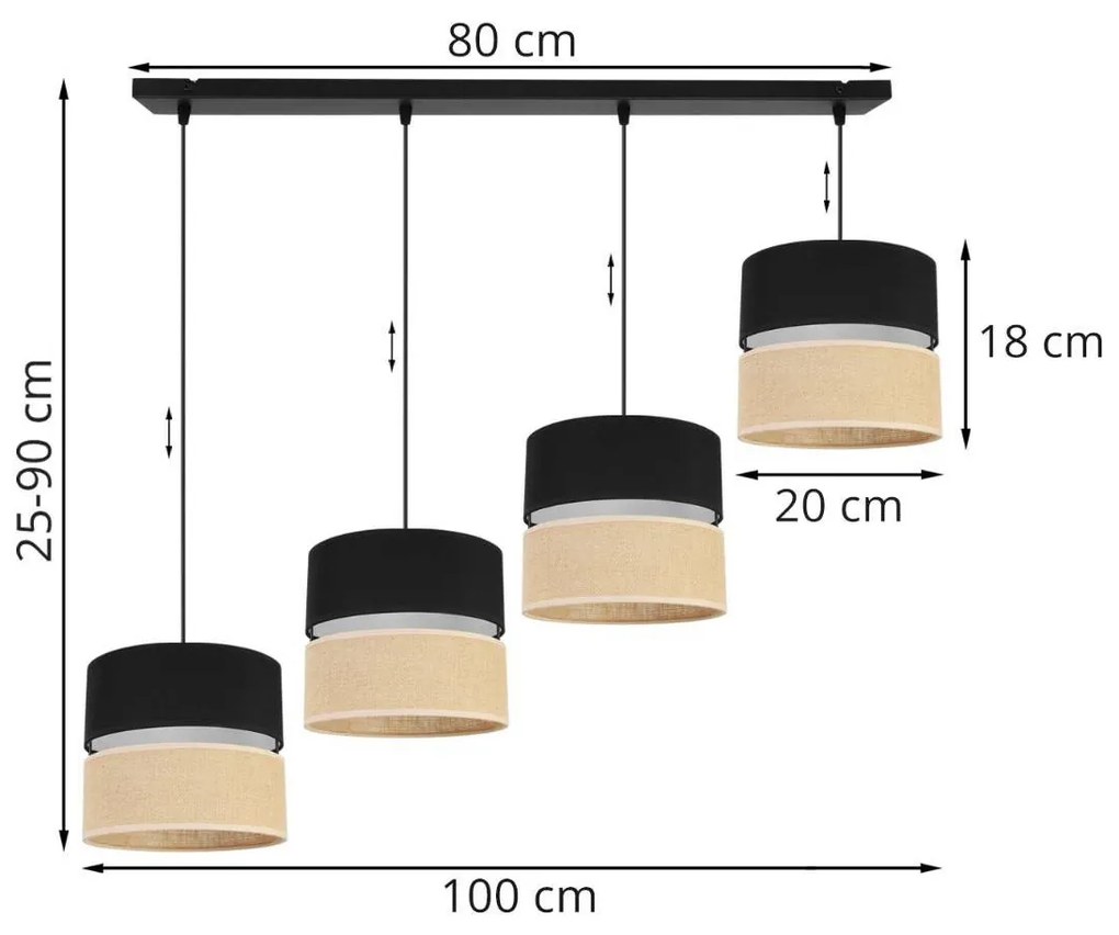 Závesné svietidlo JUTA, 4x jutové/čierne textilné tienidlo, B