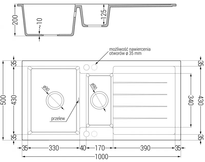 Mexen Andres, granitový drez 1000x500x200 mm, 1,5-komorový a drezová batéria Telma, čierna, 6515-77-670200-50-B