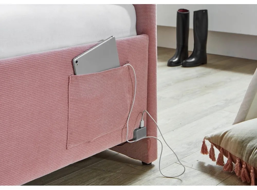 Ružová čalúnená rohová detská posteľ s úložným priestorom s roštom 140x200 cm Cool – Meise Möbel