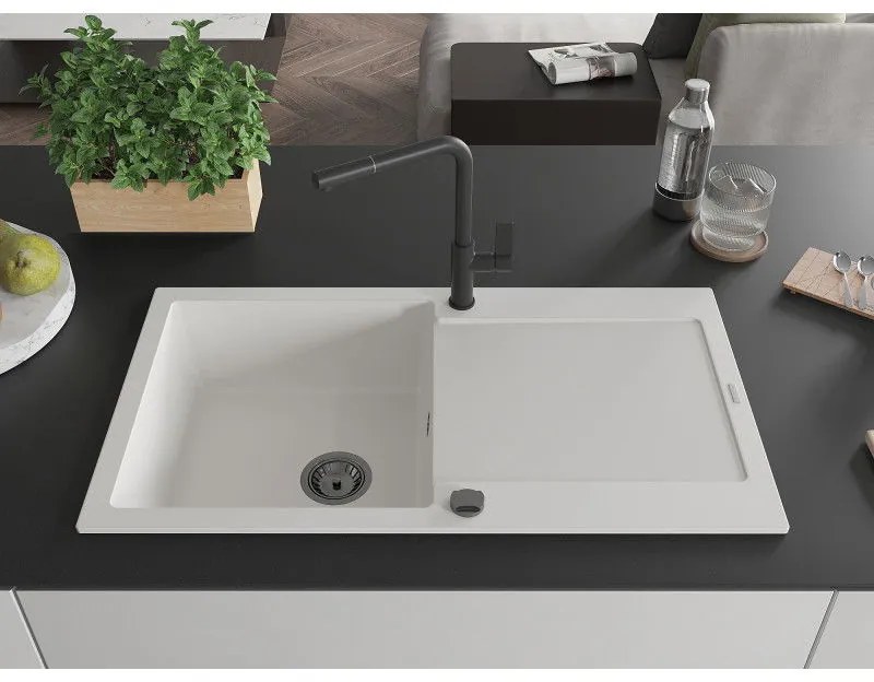 Mexen Leo, 1-komorový granitový drez 900x500x190 mm a drezová batéria Flora, biela, 6501-20-670401-70-B