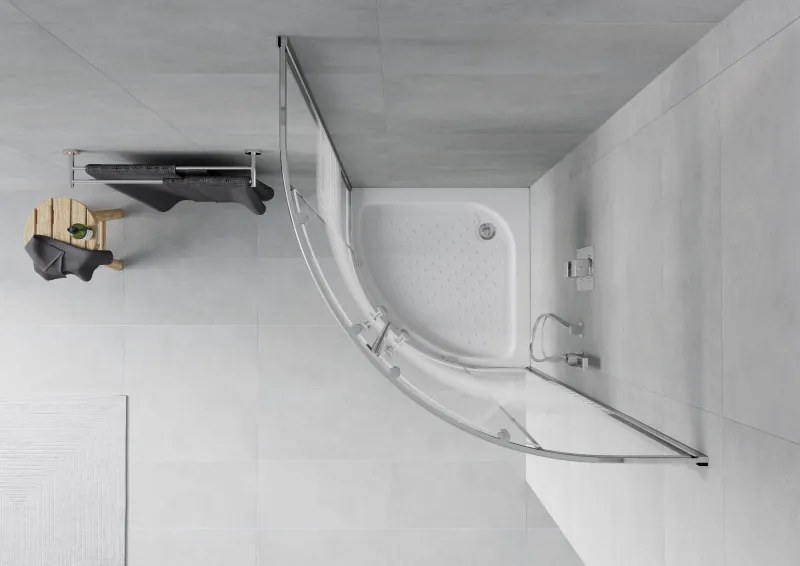 Mexen Rio, štvrťkruhový sprchovací kút s posuvnými dverami 70 x 70 cm, 6mm číre sklo/pásy, chrómový profil + biela vysoká sprchová vanička Rio, 863-070-070-01-20-4710