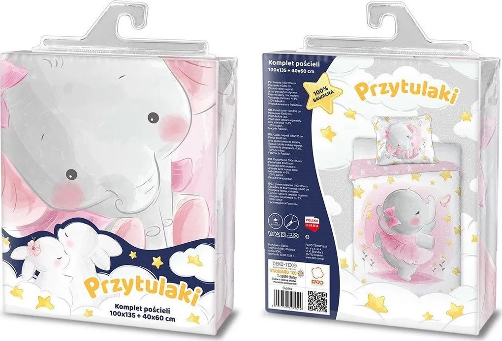 Detské bavlnené obliečky do postieľky 135x100 cm CUDDLES - Sloník - ružové