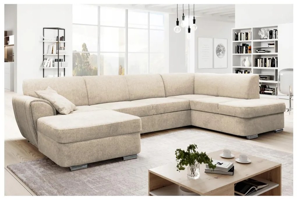 Rozkladacia rohová sedacia súprava SERPA do tvaru U, pravá, béžová, s úložným priestorom