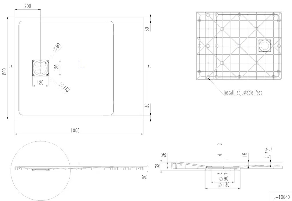 Erga Hyper, SMC sprchová vanička 100x80x2,6 cm + sifón, šedá matná, ERG-V06-SMC-8010S-GR