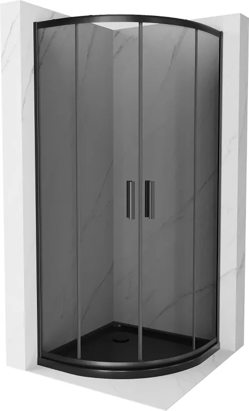 Mexen Rio, štvrťkruhový sprchovací kút s posuvnými dverami 80(dvere) x 80(dvere) x 190 cm, 6mm šedé sklo, čierny profil + čierna sprchová vanička SLIM, 863-080-080-70-40-4170B