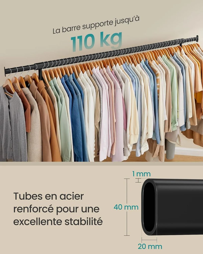 Stojan na oblečenie na kolieskach, extra dlhý, prenosný, čierny