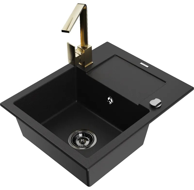 Mexen Enzo, granitový drez 576x465x174 mm, 1-komorový, zlatá batéria Rita, čierna, 6506-77-670300-50-B