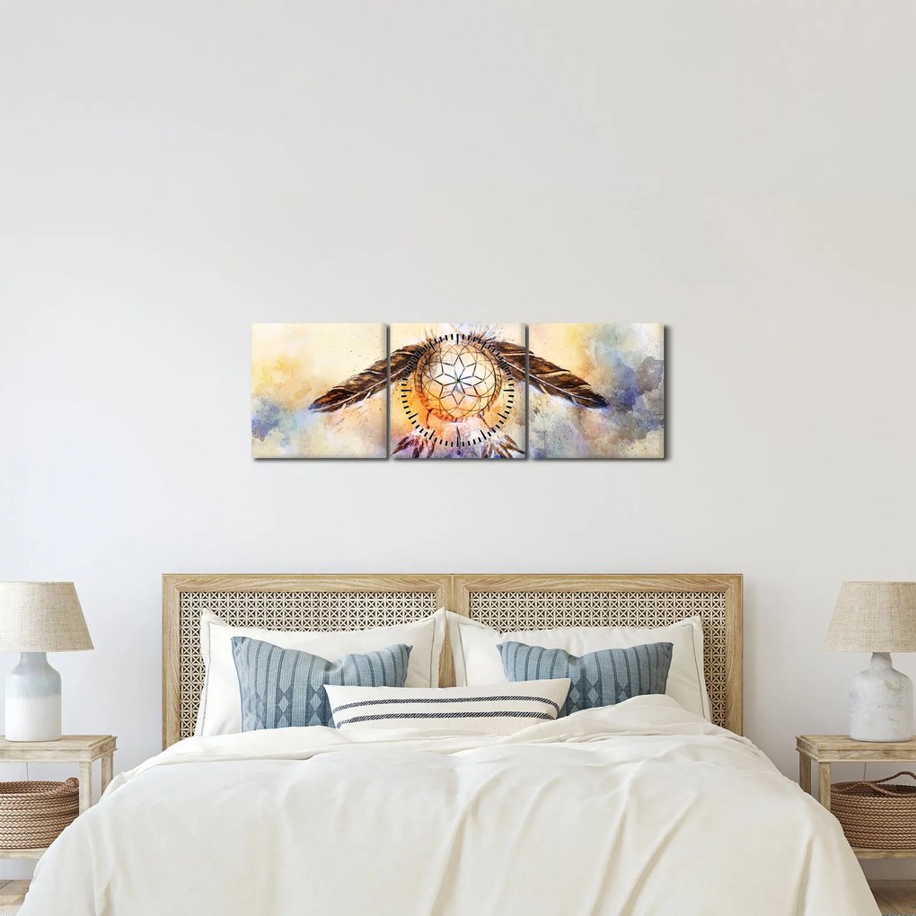 Obraz - Lapač snov s pierkami (s hodinami) (90x30 cm)
