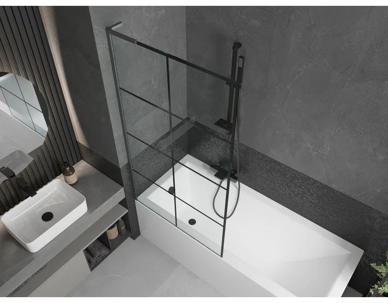 Mexen Next L, 1-krídlová vaňová zástena 90 x 150 cm, 6mm číre sklo-čierny vzor, grafitový profil, 895-090-000-03-77-66