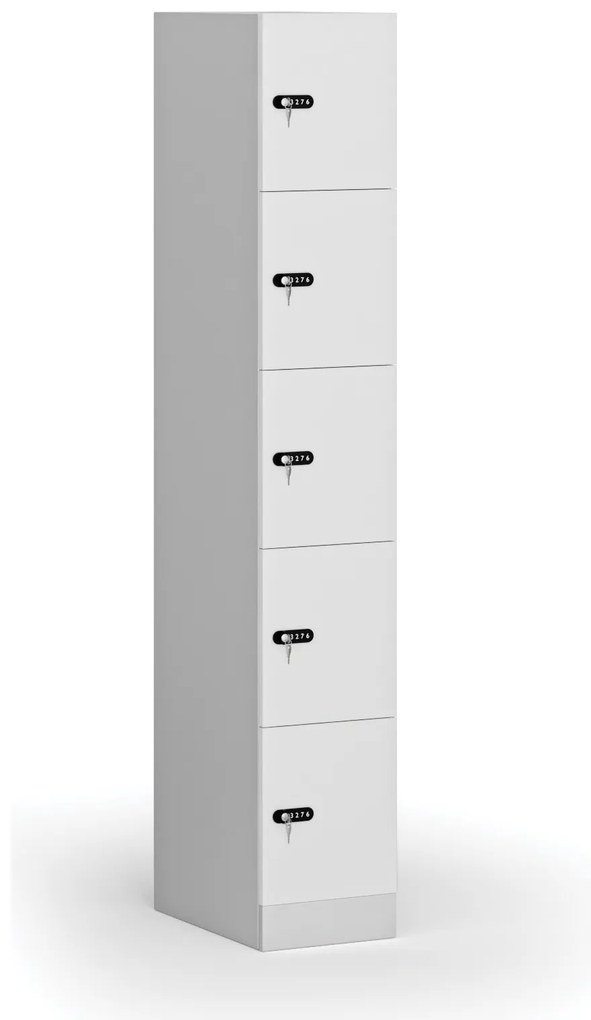 Šatníková skrinka S1 s úložnými boxmi, 5 boxov, 1850 x 300 x 500 mm, demont, mechanický kódový zámok, laminované dvere, biela