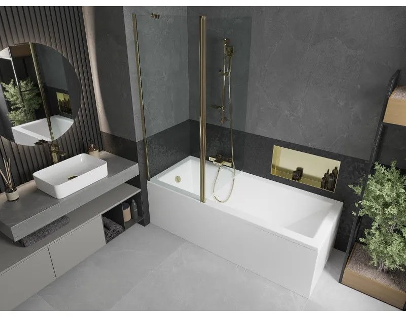 Mexen Flip, vaňová zástena 1-krídlová 140 x 150 cm, otočné krídlo, 6 mm číre sklo, zlatý profil, 894-140-101-50-00