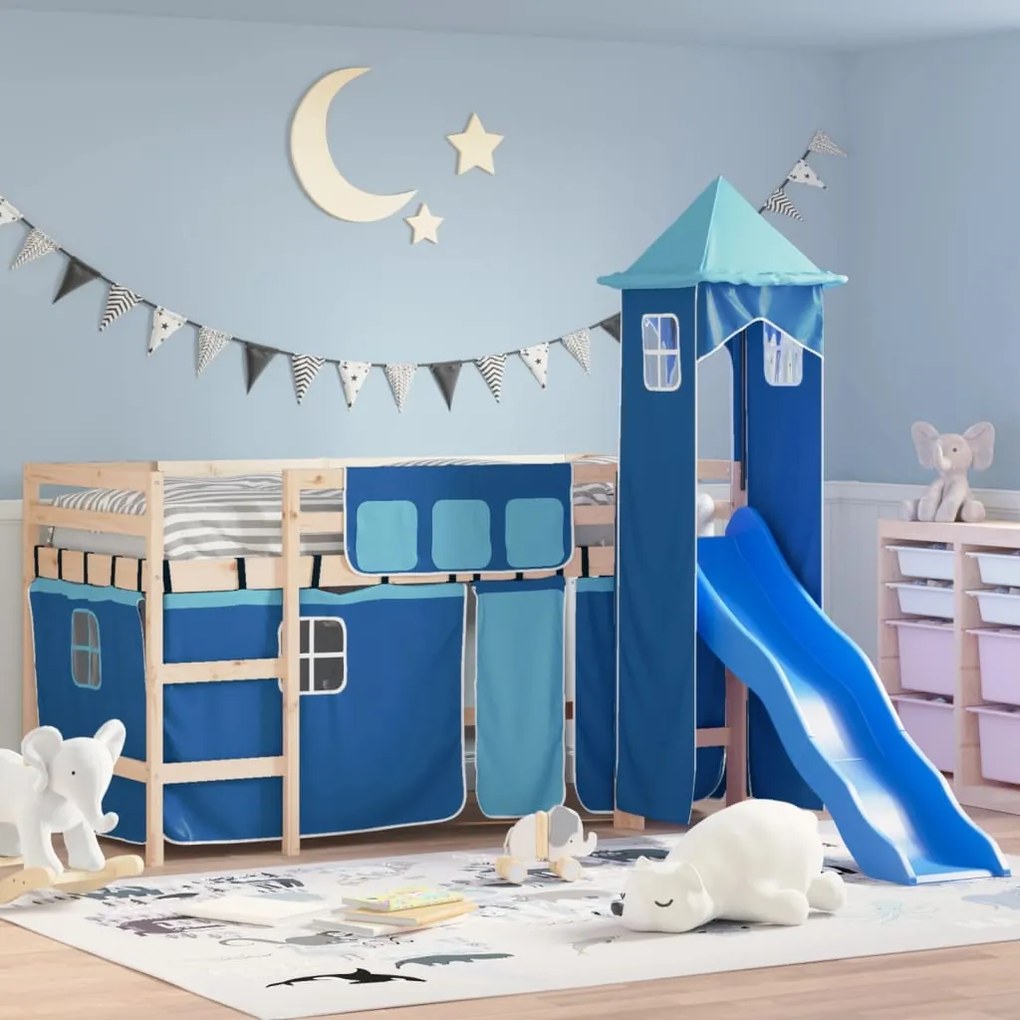 Detská vyvýšená posteľ veža modrá 80x200 cm masívna borovica 3207064