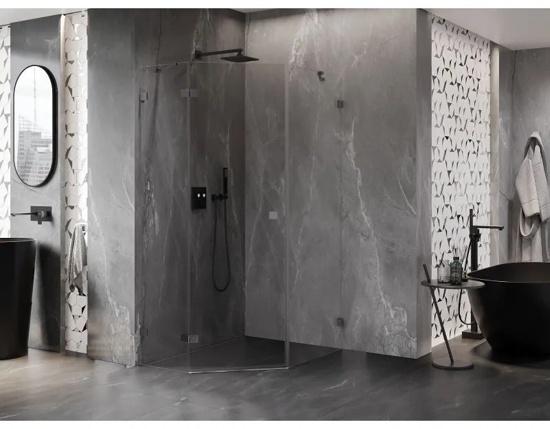 Mexen Lunar, päťuholníkový sprchový kút naklápací doľava 80 x 90 cm, 8mm číre sklo, profil grafit brúsený, 831-080L-090P-66-00-L