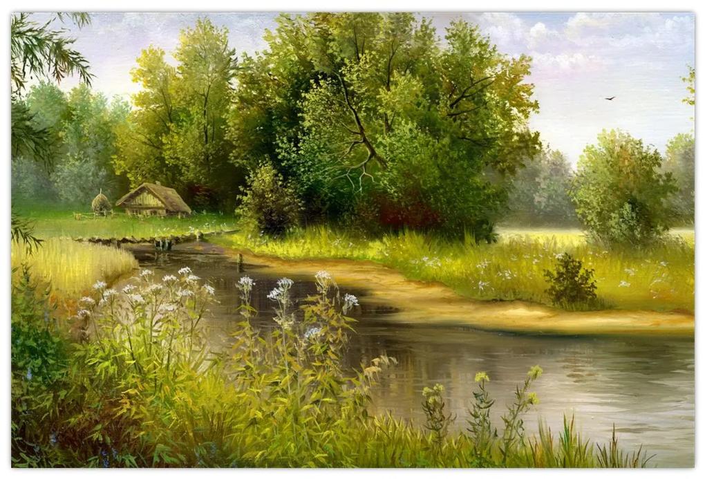 Obraz - Rieka pri lese, olejomaľba (90x60 cm)