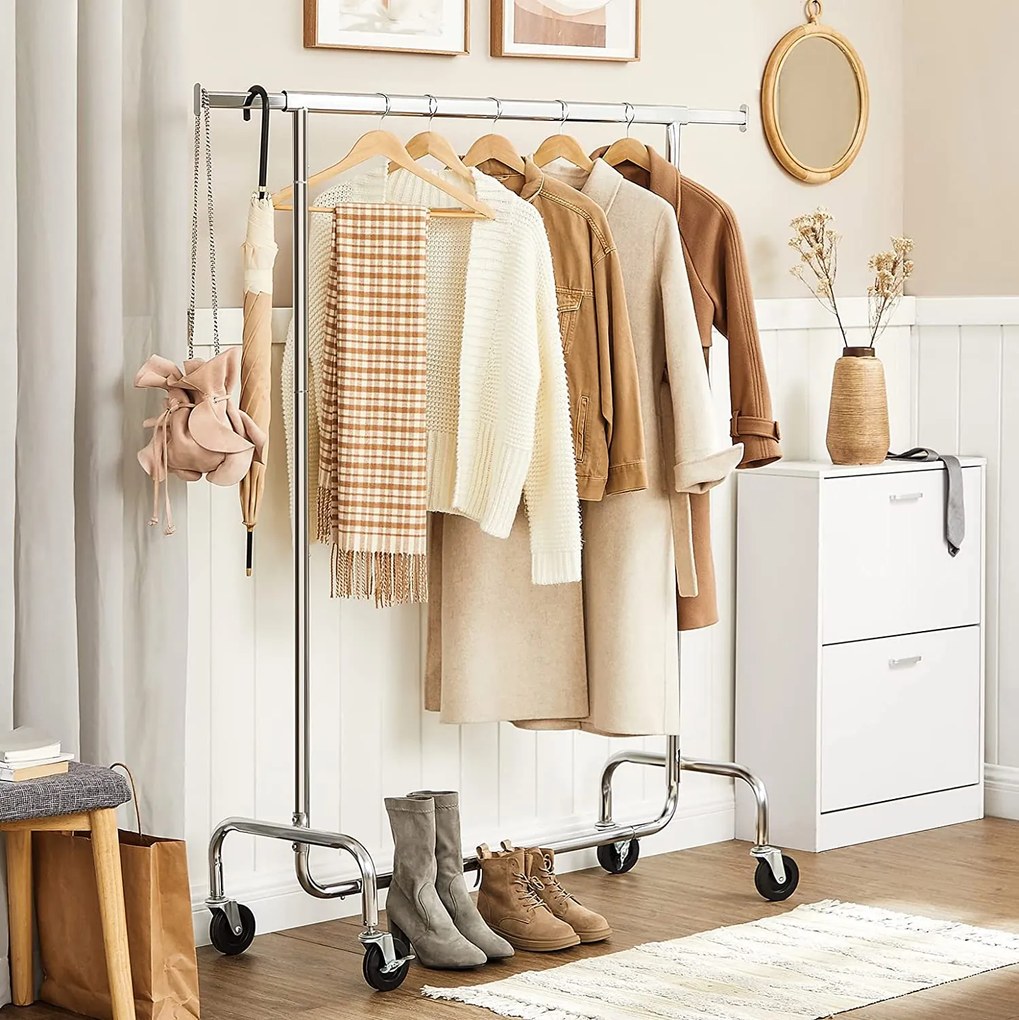 Kovový stojan na šaty, s kolieskami, s vysokou nosnosťou 130 kg, strieborná farba