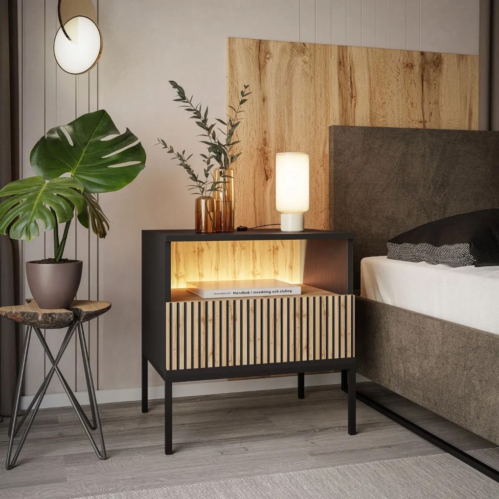 NOČNÝ STOLÍK ALESSIO DUB WOTAN / ČIERNY LED