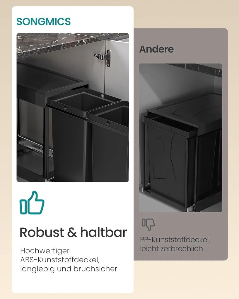SONGMICS kuchynský systém na triedenie odpadu do skrine, 2 x 20 L, čierny