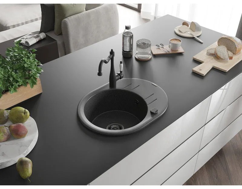 Mexen Kevin, drez granitový 586x458x190 mm, 1-komorový a drezová batéria Carla, čierna škvrnitá, 6517-76-670700-70-B