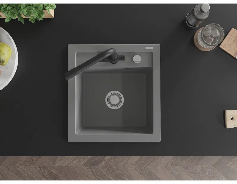 Mexen Vito, 1-komorový granitový drez 520x490x210 mm, čierna matná batéria Duero, šedá, 6503-71-671600-70