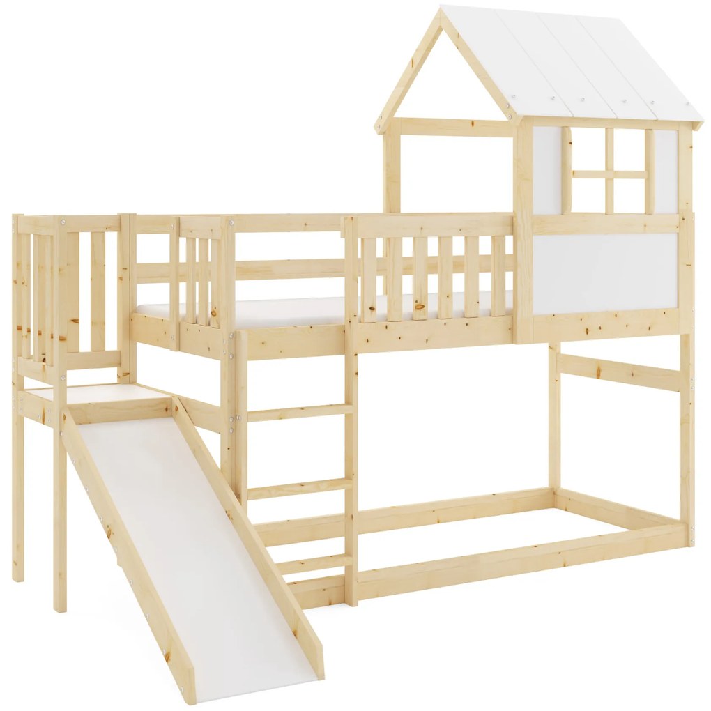 Posteľ ANTRESOLA 200×90 cm so šmykľavkou a strieškou – borovica