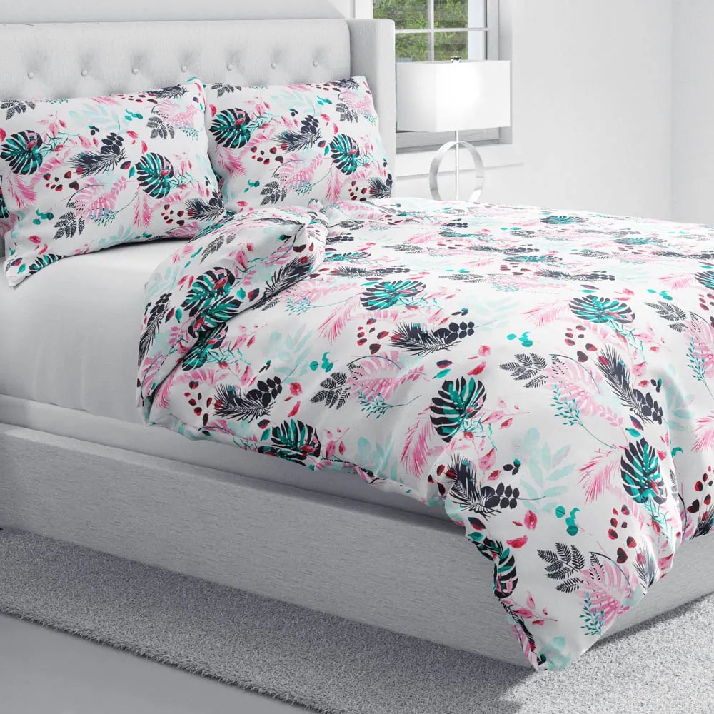Biante Bavlnené posteľné obliečky Sandra SA-413 Ružové a zelené tropické listy na bielom Predĺžené 140x220 a 70x90 cm