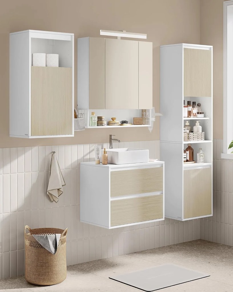 Kúpeľňová skrinka, nástenná kúpeľňová úložná skrinka, výška 80 cm, biela a béžová