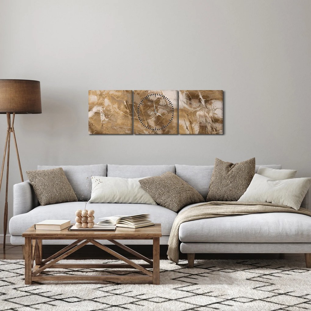 Obraz - Hnedá abstrakcia (s hodinami) (90x30 cm)
