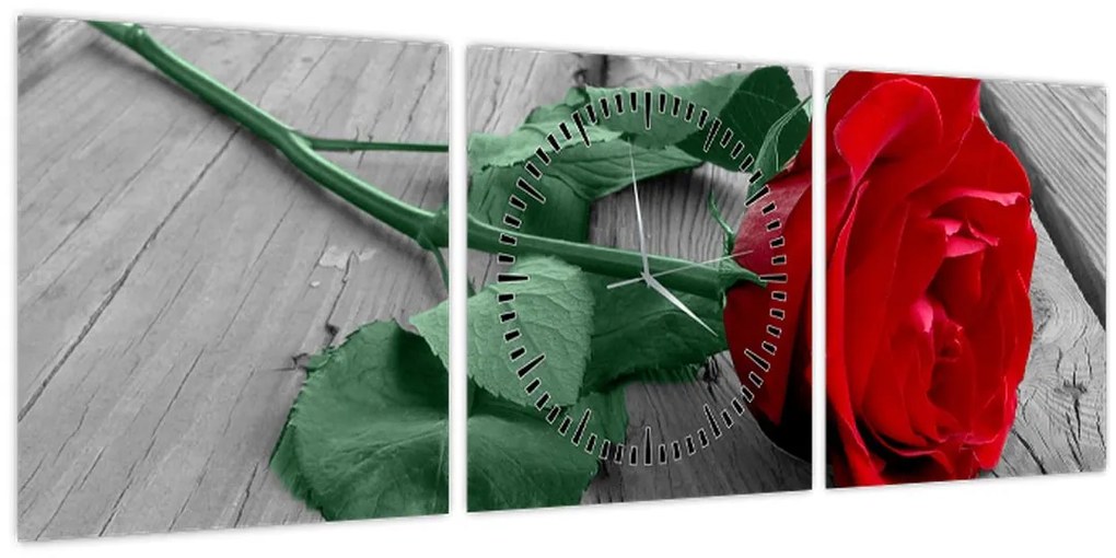 Obraz - Červená ruža so zelenou stonkou (s hodinami) (90x30 cm)