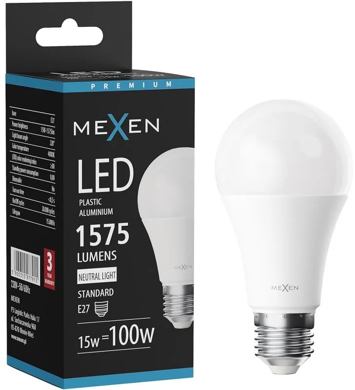 Mexen Nova, LED žiarovka E27, A60, 15W, neutrálna - 4000K, 1575 lm - L100-E27-1540-01