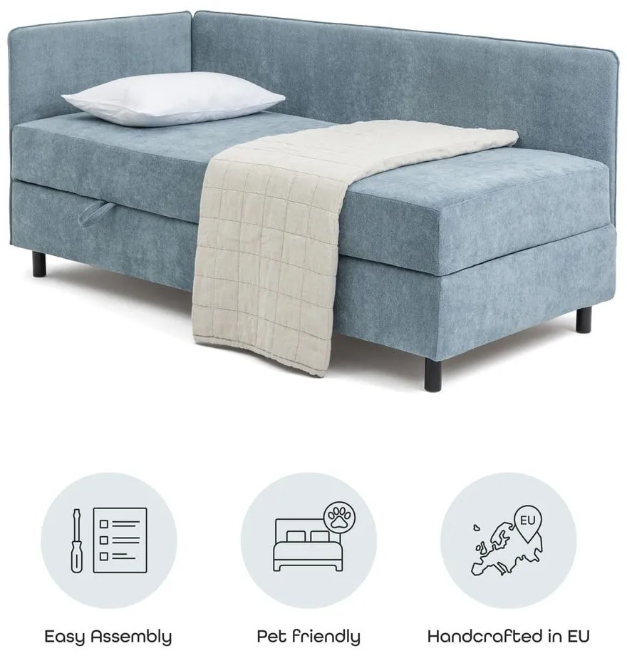 Modrá čalúnená jednolôžková posteľ s úložným priestorom s matracom 90x200 cm Avela – Bonami Selection