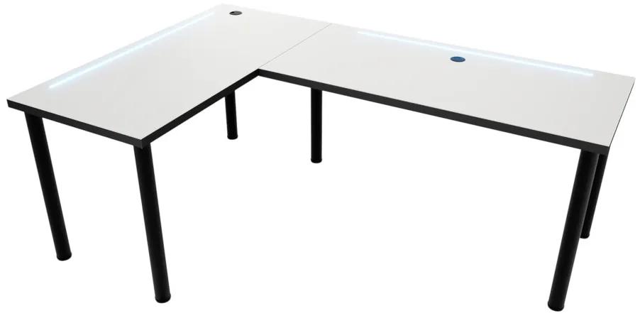 Počítačový rohový stôl N s LED, 200/135x73-76x65, biela/čierne nohy, pravý