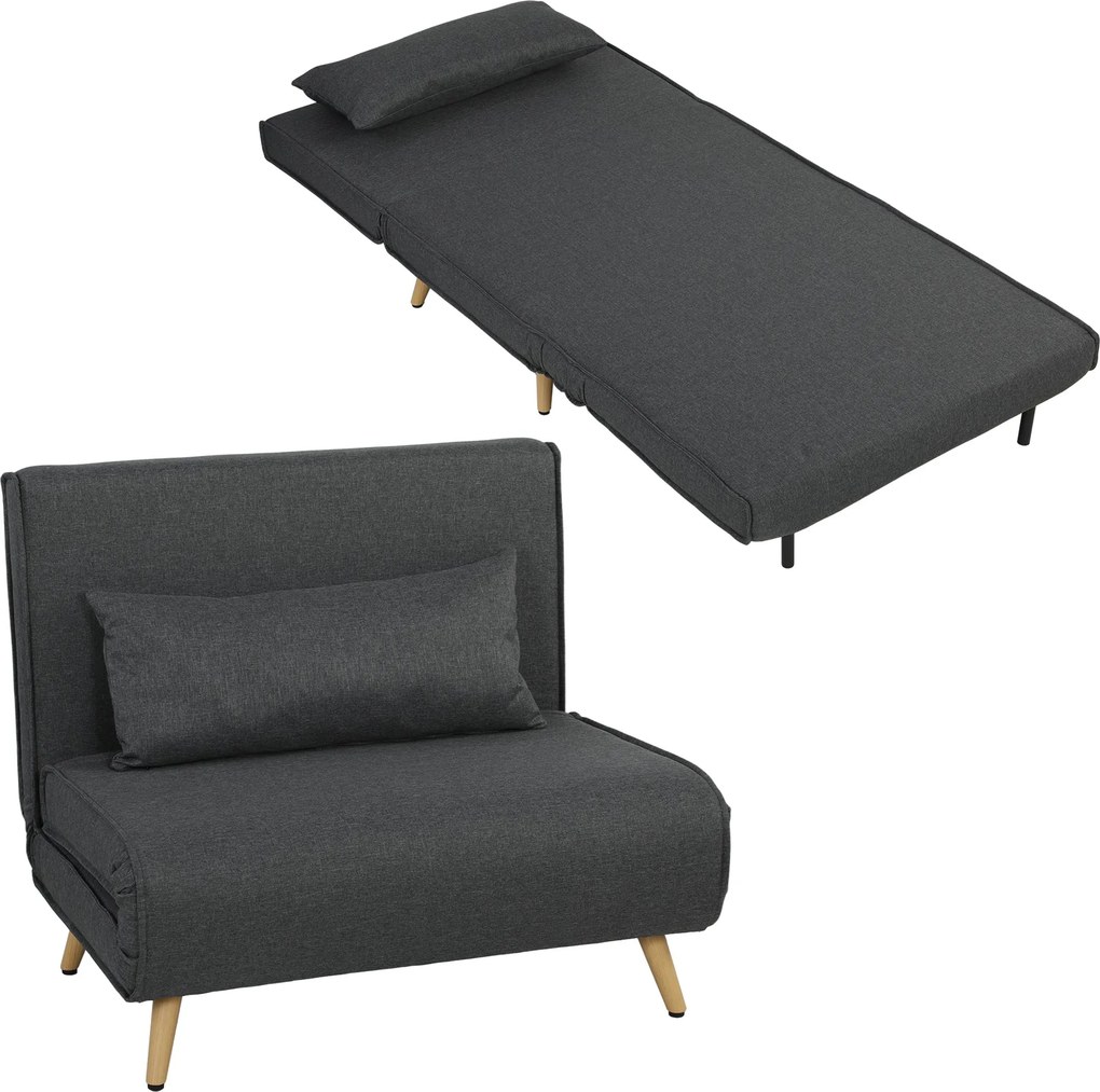 HOMCOM 3-in-1 Sleeper Chair with Fold-Out Bed, Converts to 190 x 63 cm Single Bed, Adjustable Recline, Metal Legs, Lumbar Pillow, Linen-Look Grey | Ao