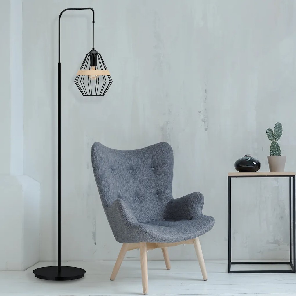 Stojacia lampa Cliff, 1x drevené/čierne drôtené tienidlo, b
