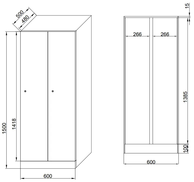 Šatníková skrinka znížená, 2 oddiely, 1500 x 600 x 500 mm, demont, kódový zámok, laminované dvere, biela