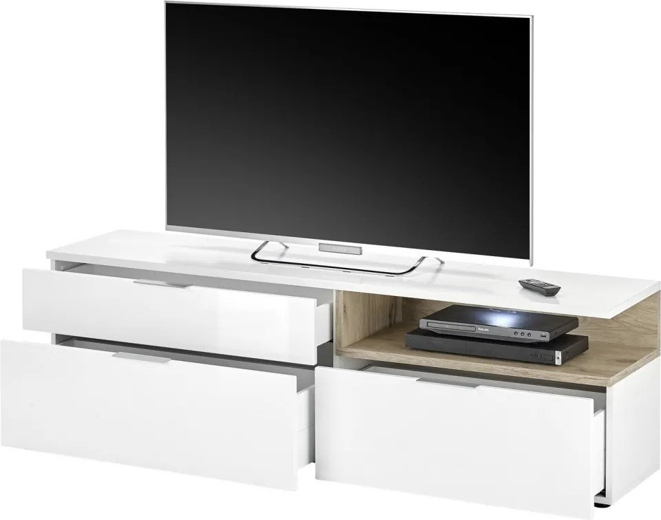 TV skrinka s osvetlením Beatrix, biela lesk/dub viking