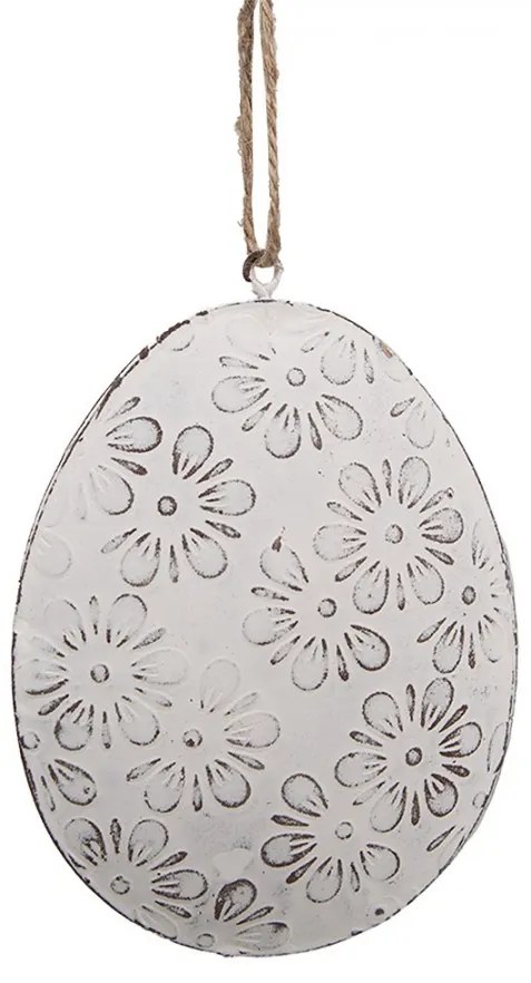 Biele antik plechové závesné vajíčko s kvietkami - 10*2*8 cm