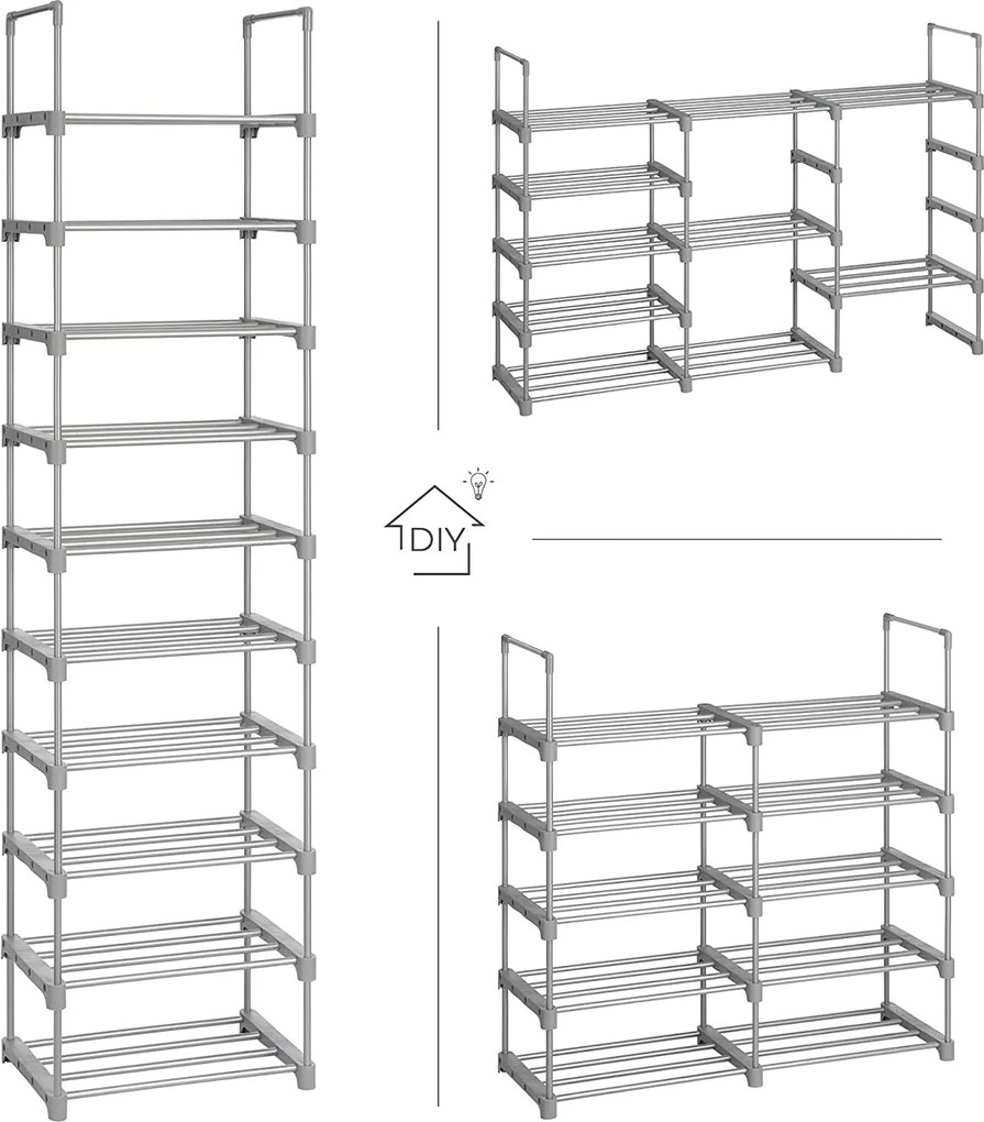 Veľký 10-policový kovový stojan na topánky, botník, sivý