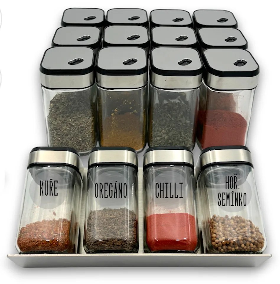 usporadejto.cz Sada 16ks koreničiek INOX 100ml + 4ks nerezový organizér na koreničky VASKY - NEREZ + sada 24ks štítkov