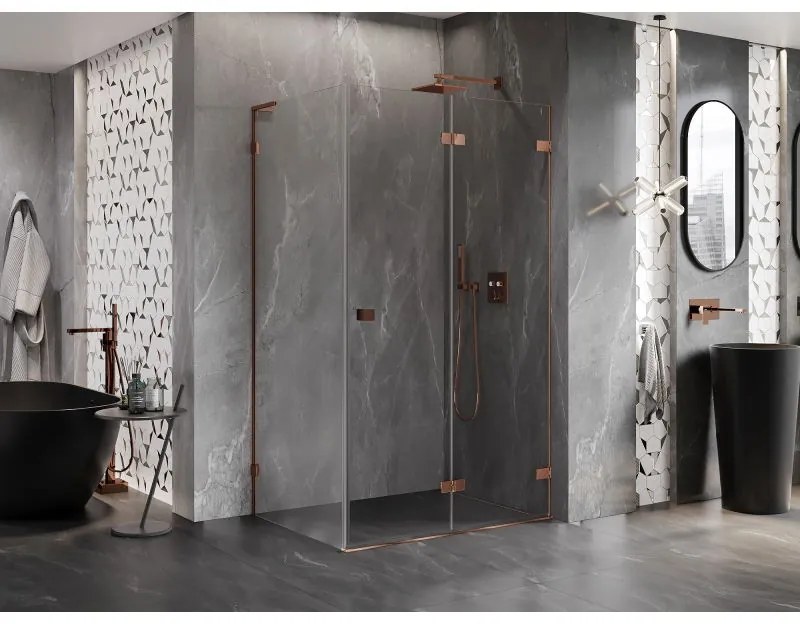 Mexen Lunar-F L, 1-krídlový sprchový kút so skladacími dverami, pravý, 85 x 80 cm, 8mm číre sklo, ružové zlato profil, 836L-085-080-60-00-P