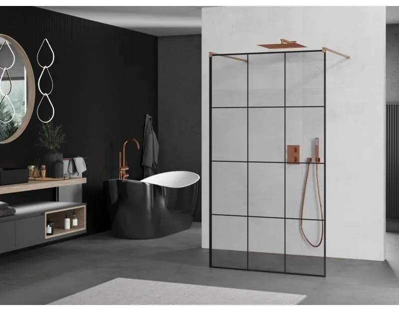 Mexen Kioto, sprchová zástena Walk-In 120 x 200 cm, 8mm sklo čierny vzor, medený matný profil, 800-120-002-65-77