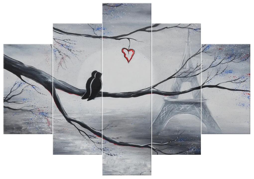 Gario Ručne maľovaný obraz Vtáčia romantika v Paríži - 5 dielny Rozmery: 150 x 105 cm