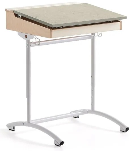 Výškovo nastaviteľný školský stôl ACCESS, 650x550 mm, biely, akustické linoleum – šedá